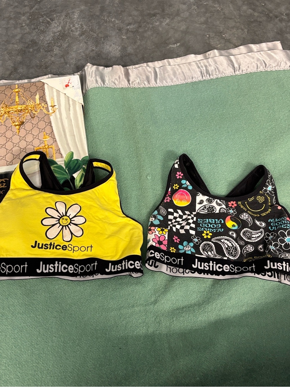 Justice Sport Girls' Yellow Daisy & Black Patterned Active Sports Bras - 2-Pack